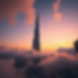 The Burj Khalifa soaring into the clouds with a backdrop of sunset