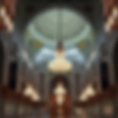 Interior of the mosque showcasing intricate designs and beautiful chandeliers