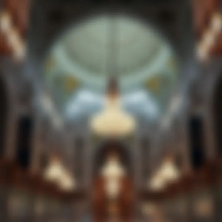 Interior of the mosque showcasing intricate designs and beautiful chandeliers