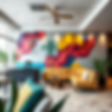 Dynamic Commercial Ambiance through Wall Art Vibrant commercial space adorned with eye-catching wall art